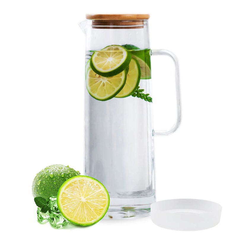 hjn Glass Pitcher with Lid Glass Water Carafe with Handle, Fridge Water Jug Cold or Hot Beverages, Iced Tea, Milk, Juice 1500ml/51oz & bamboo lid - Image 1